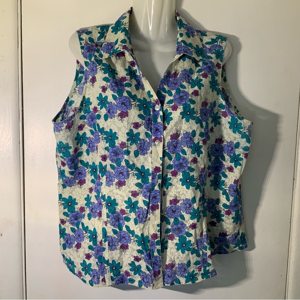 Karen Scott Sport Purple Blue Floral Collar Tank cotton SZ XL